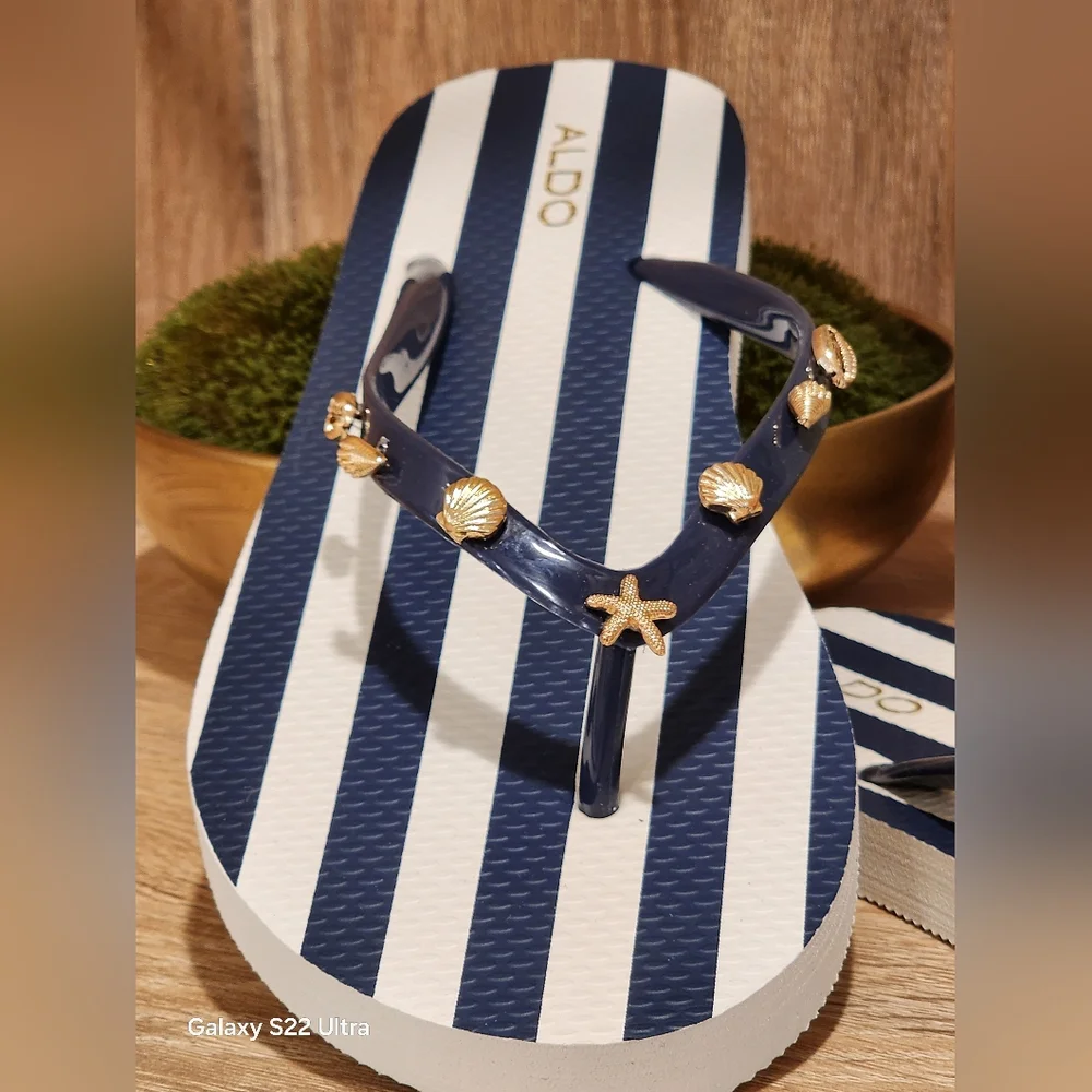 Aldo Women's Blue/White Striped Shell Charm Flip Flops Size 9